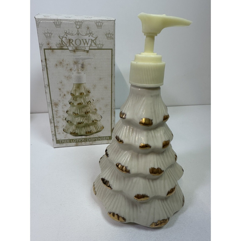 Original Box CHRISTMAS Tree SCULPTED LOTION,SOAP BOTTLE Timeless Cream Gold